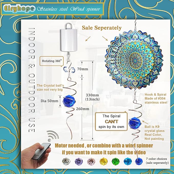Gazing Ball Spiral Tail Wind Spinner with Sea Blue Crystal Orb, Wind Spinners Stabilizer with Hanging Swivel Hook, Sun Catcher Rainbow Maker Indoor & Outdoor Decoration Garden Gift 13" Height