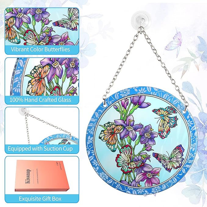 Butterfly Stained Glass Window Hanging - Butterfly Gifts for Women, Birds Suncatchers for Windows - Birds Window Hangings with Chain and Hook, 6 inch Stained Glass Suncatcher for Mom