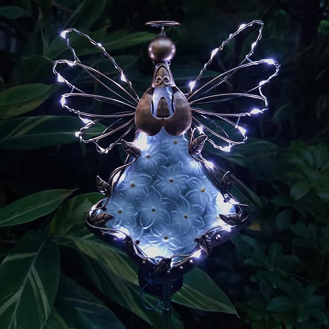 Angel Solar Lights Garden Stake Outdoor-38Inch Metal&Glass Solar Angel Stake Grave Decorations for Cemetery-Perfect as Angel Remembrance Gifts & Sympathy Gifts Decorations（Bronze）