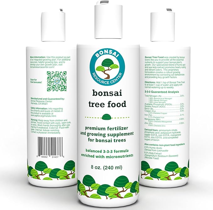 Bonsai Tree Food | Premium, Gentle Liquid Fertilizer for Healthy Growth, Strong Stems and Beautiful Blooms | 3-3-3 Balanced NPK Concentrate | Made in USA | 8 oz (240 ml)