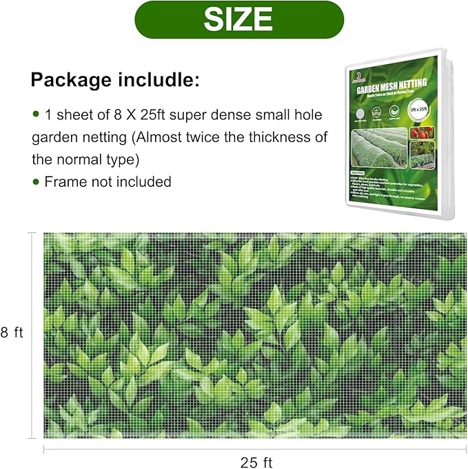 Garden Netting, Jevrench Durable Ultra Fine Garden Netting, Garden Plant Cover Row Cover Makes Plants, Vegetables, Fruits, and Flowers Grow Better (8ft x 25ft)