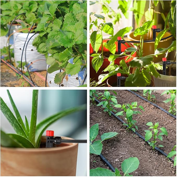 100 Pcs Drip Irrigation Emitters for 1/4'' Irrigation Tubing Adjustable Water Flow Drip Emitters with Stake Drip Irrigation System Irrigation Drippers with 360 Degree Sprayer for Garden Patio