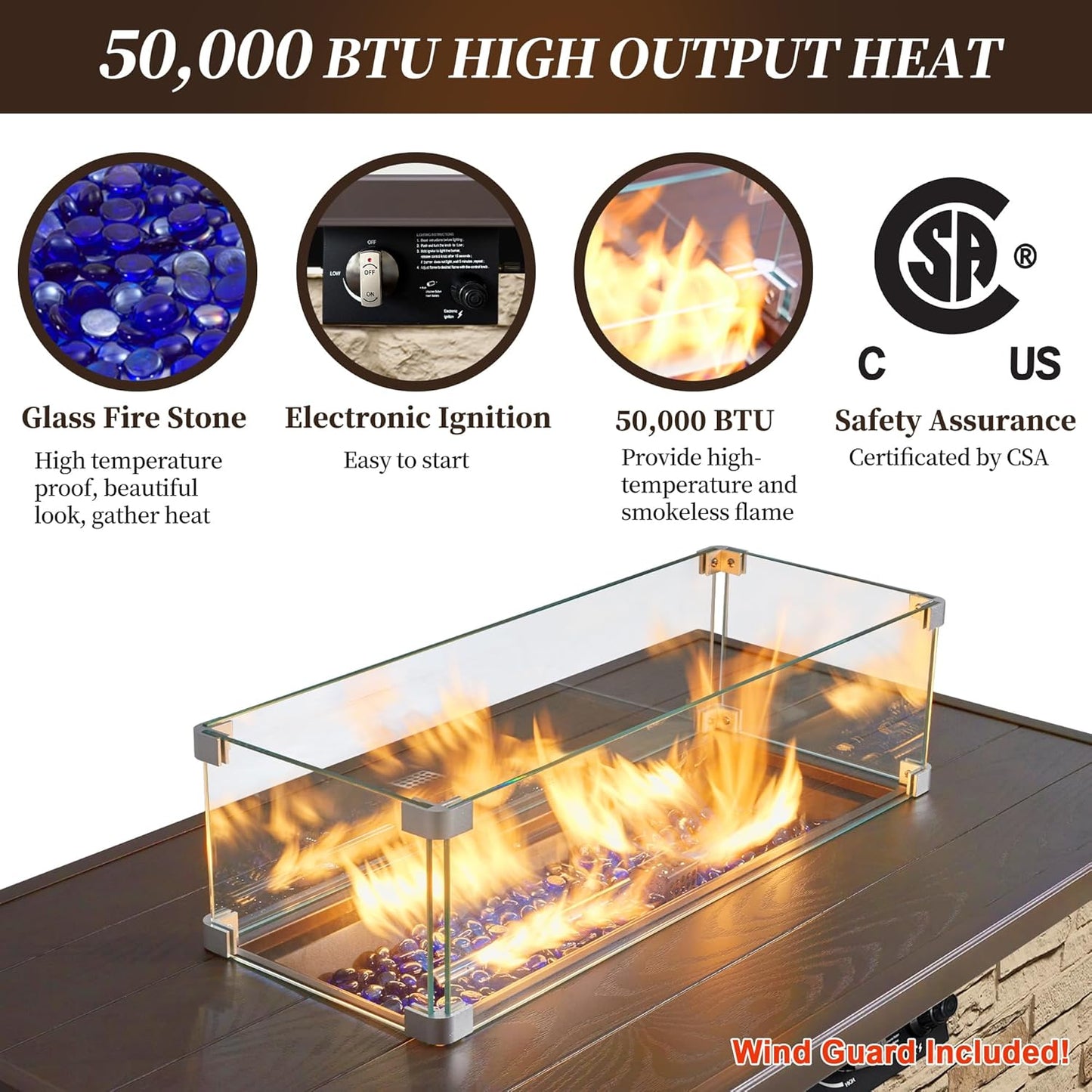 43¡± Propane Fire Pit Table Outdoor Rectangular Stone Firepit Table 50,000 Btu Propane Fire Tables for Outside Patio with Glass Wind Guard, Lid, Fire Glass Beads,Buff Rock Look