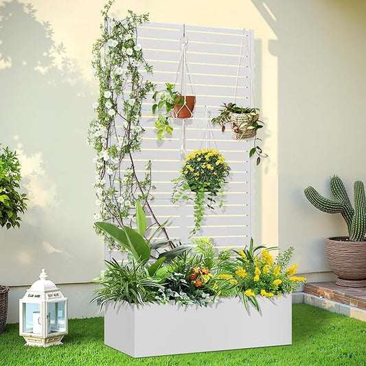 Trellis for Climbing Plants Outdoor，Mental Garden Bed with Drainage Holes Outdoor Privacy Screen Design Tall planters for herb Flower Vegetables 73"x35"x16", White-Louvered