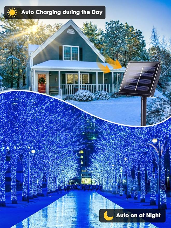 EEW 2-Pack 200 LED Solar String Lights Outdoor, Solar Christmas Lights with 8 Lighting Modes, Waterproof Green Wire Solar Tree Lights for Outside Xmas Wedding Party Garden Patio Decorations (Blue)