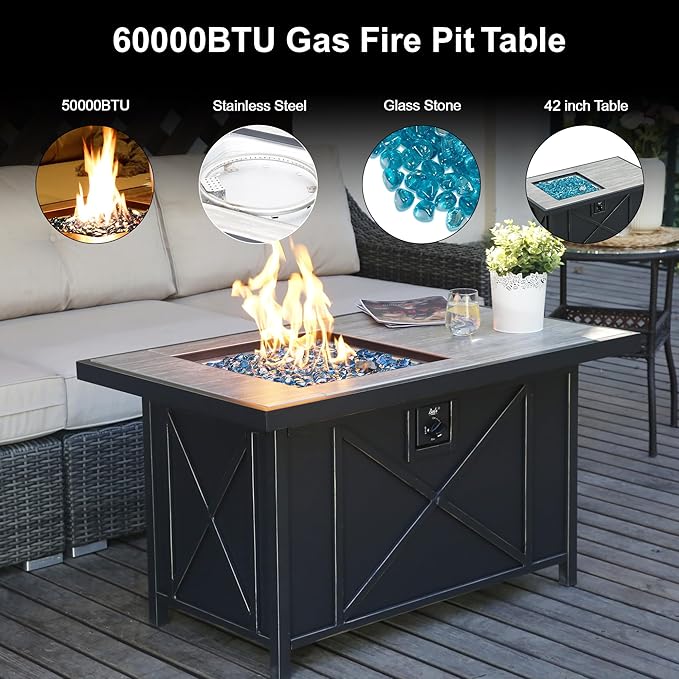BALI OUTDOORS 42 inch 50,000 BTU Rectangular Propane Gas Fire Pit Table with Fire Glass and Table Lid, Fire Pits Outdoor for Garden, Patio, Backyard