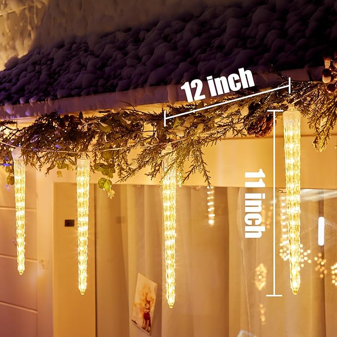 Christmas Meteor Shower Icicle Lights Outdoor, 19.8Ft With 20 Large Tube 480 LED Dropping Effect, Waterproof Decorations for House Eave Roofline, Warm White
