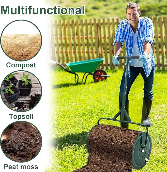 Compost Spreader, Durable Lawn Roller, Manure Spreader with Upgrade T Shaped Handle,Top Soil Spreader for Lawn and Garden Care Manure Spreaders Roller (12.5 Inch-T-Green-S)