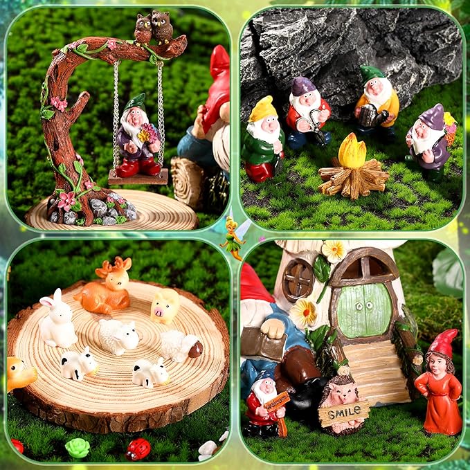 HyDren 100 Sets Garden Gnome Statue Set Mushroom House Solar Light Gnome Miniatures Figures Decor Fairy Resin Statues Garden Accessories for Yard Patio Lawn Outdoor Micro Landscape Ornaments