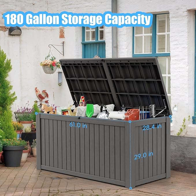 180 Gallon Deck Box,Resin Outdoor Storage Box with Lockable for Patio Furniture, Pool Accessories, Garden Tools Waterproof Outside Storage Box, Grey