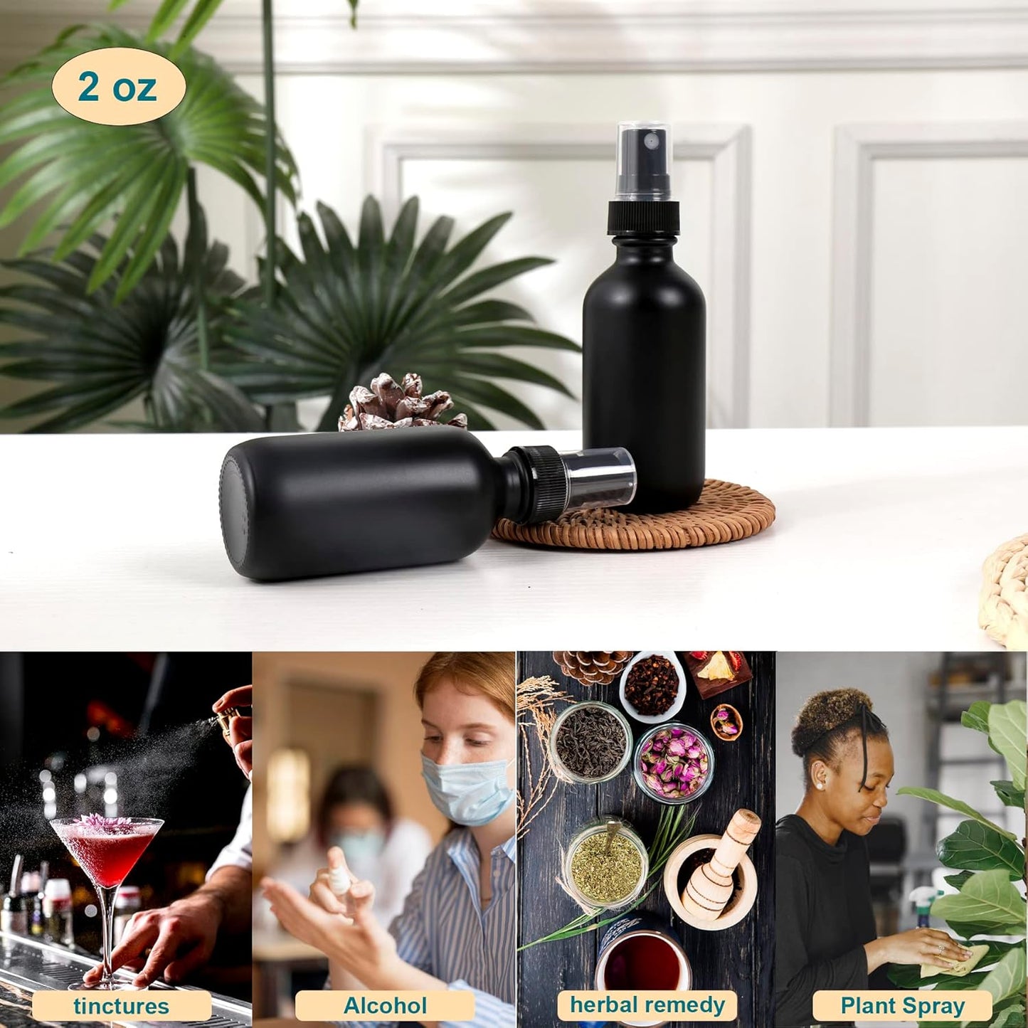 Frosted Black Glass Small Spray Bottle 2 oz 48 Packs,Fine Mist Sprayer Small Clear Bottles,Refillable Containers mini spray bottles for Cleaning Solutions and Skin Care (Frosted Black 48pcs)