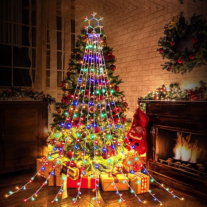 Outdoor Christmas Decorations String Lights, 320 LED 11.5 Ft Waterfall Tree Lights with Snowflake Topper 8 Lighting Modes Christmas Lights for Indoor Outdoor Yard Home Festival Xmas New Year Decor