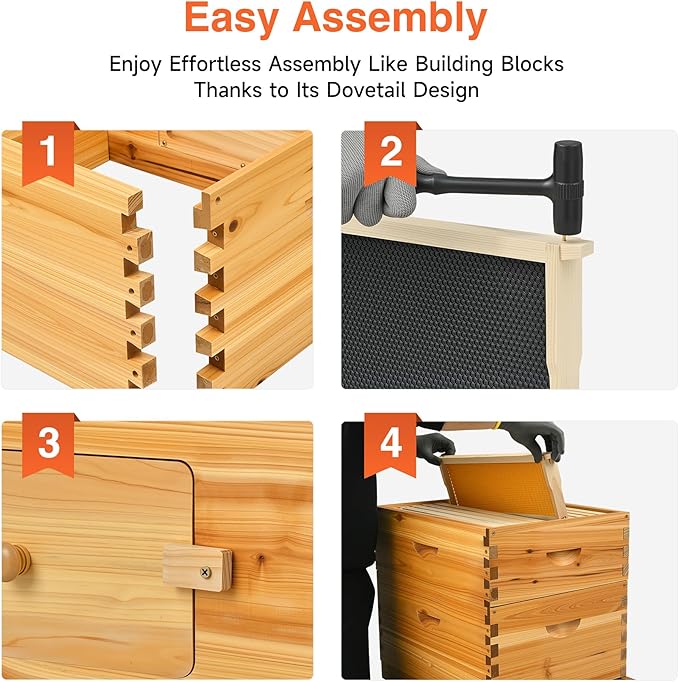 CREWORKS 10 Frame Bee Hive, 2 Layers Beeswax Coated Beehive Starter Kit with Frames & Foundations, Langstroth Bees Hives Box with Transparent Acrylic (Window Medium Box & Deep Box)