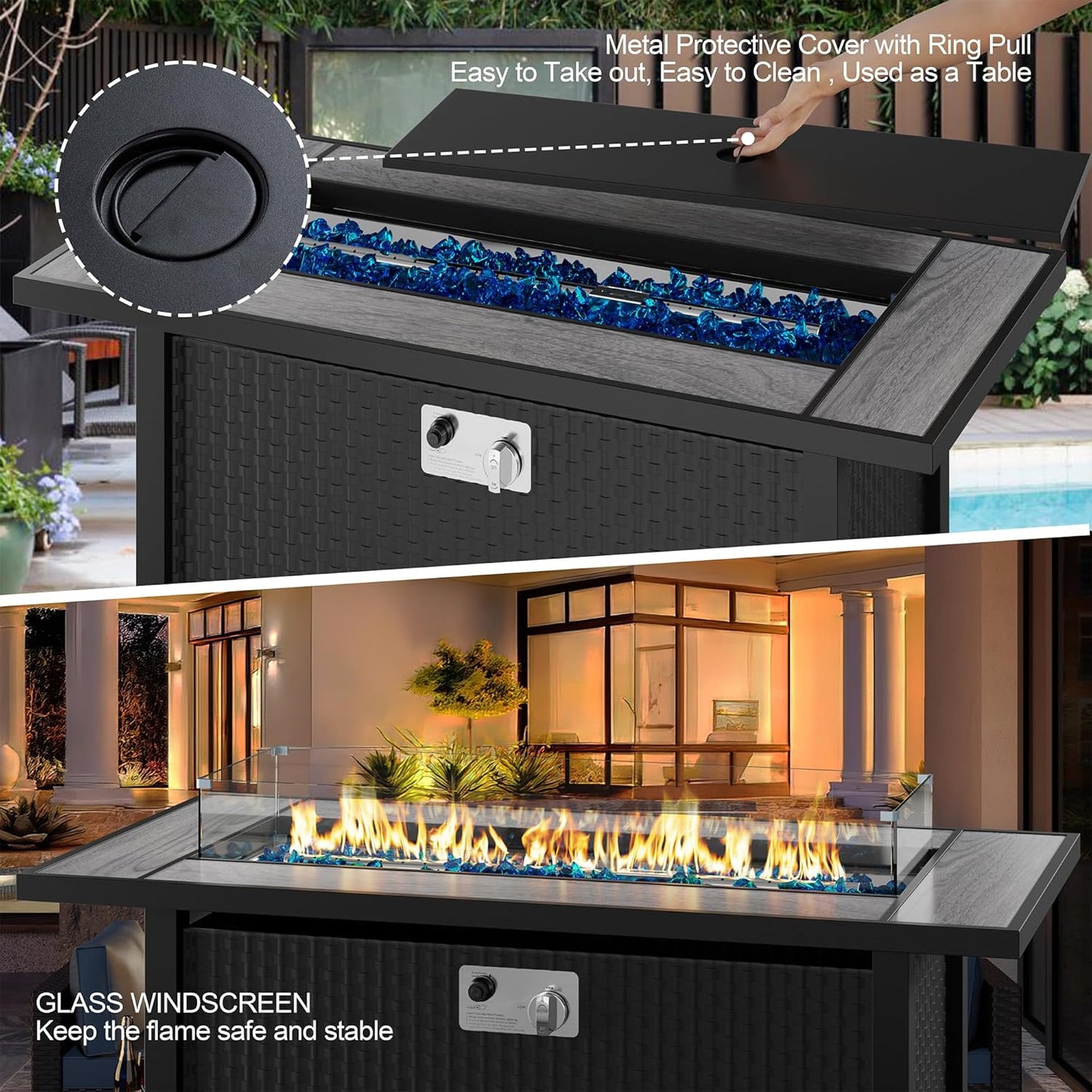 45 inch Outdoor Propane Fire Pit 50,000 BTU Gas Fire Pit Table with Lid, Glass Wind Guard, Waterproof Cover, Rectangle Gas Firepit Table for Garden/Patio, CSA Certification