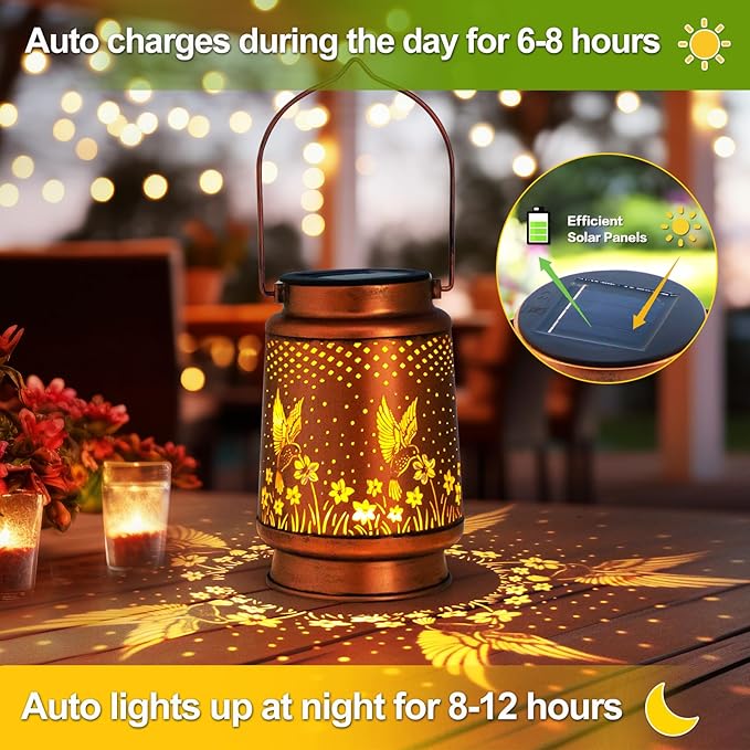 2 Pack Hummingbird Solar Lantern Lights Outdoor Decor, Hanging Metal Decorations Waterproof with LED Light, Landscape Lights for Garden Patio Yard Lawn Backyard Front Porch Gifts for Mom Grandma
