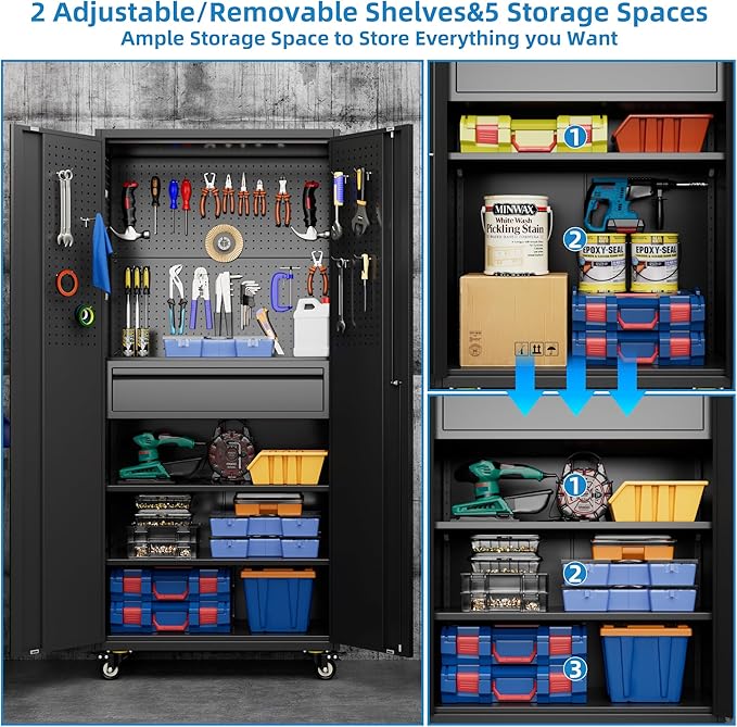 Metal Garage Cabinet with Wheels,71''H Rolling Lockable Steel Tool Cabinet with Pegboard & 1 Drawer for Garage,Home,Office Assembly Required,Black/Red