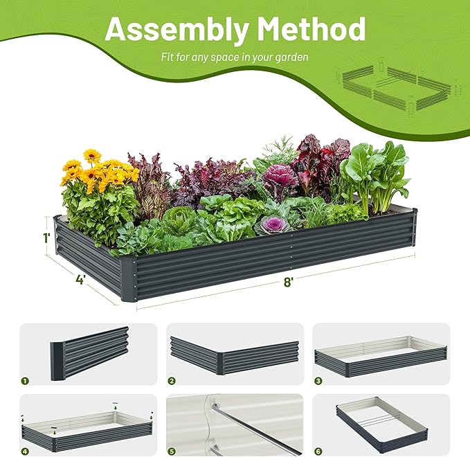 8x4x1ft Raised Garden Bed-Outdoor Galvanized Planter Box for Vegetables, Fruits,Herbs, Flowers, Metal Raised Garden Bed kit-Dark Grey