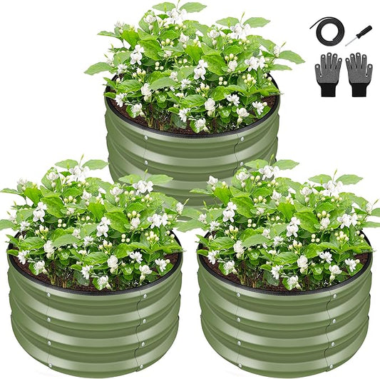 ZXZYHFTY Round Galvanized Raised Garden Bed kit,Green Outdoor Garden Raised Planter Box, Round Large Metal Raised Garden Beds for Vegetable 2 * 2 * 1ft 3 Pcs