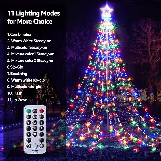 BlcTec Outdoor Christmas Decorations with Remote, 317 LED Color Changing Christmas Lights with 9 Strands 11.9ft Waterfall Lights, 11 Modes, Waterproof & Timer for Xmas Décor, Multicolor & Warm White
