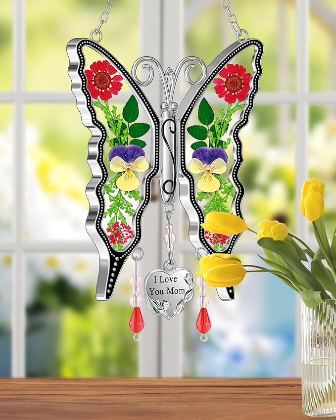 KY&BOSAM Butterfly Suncatcher Gifts for Mom for Windows Hangings I Love You Mom Pressed Flower Between Wings Glass Metal Engraved Charm Birthday Gifts for Women Mom Mother's Day Valentine's Christmas