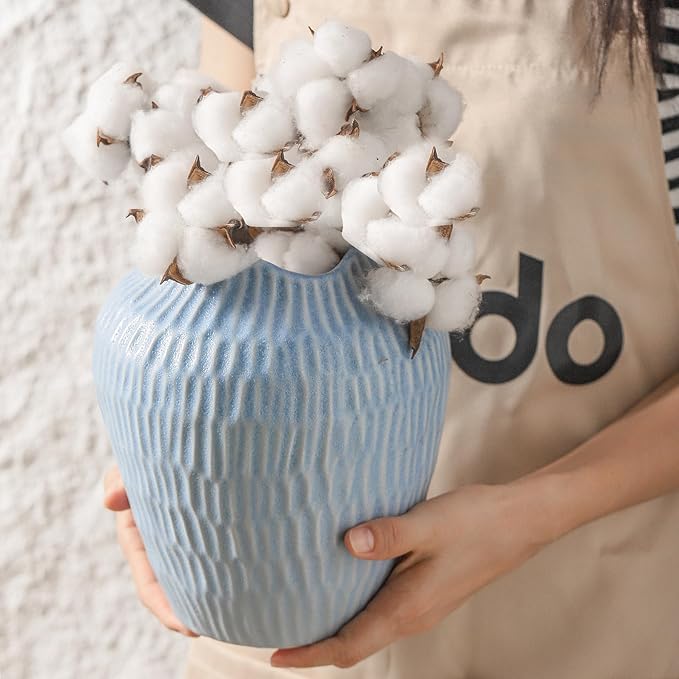 Ceramic Vase for Home Decor,7.8 Inch Flower Vases，Decorative Blue Vase for Pampas Grass，Modern Art Texture Vases for Home Entryway Living Room Dining Table Farmhouse Office Decor-Mat Blue