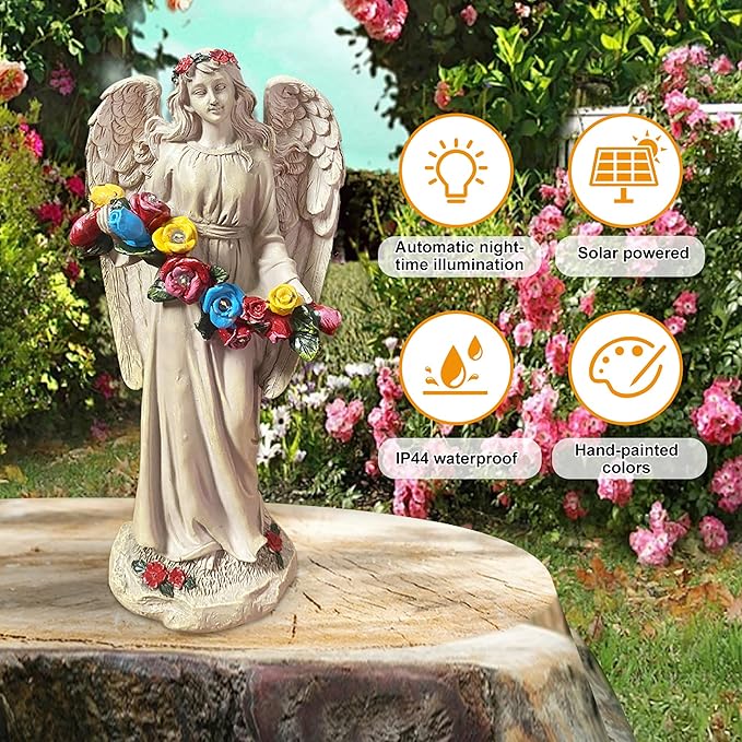 Angel Statues for Garden, Solar Angels for Outside, Angels Sculpture Holding Wreath for Outdoor Patio Lawn Balcony Ornament Gifts for Women/Mom/Grandma