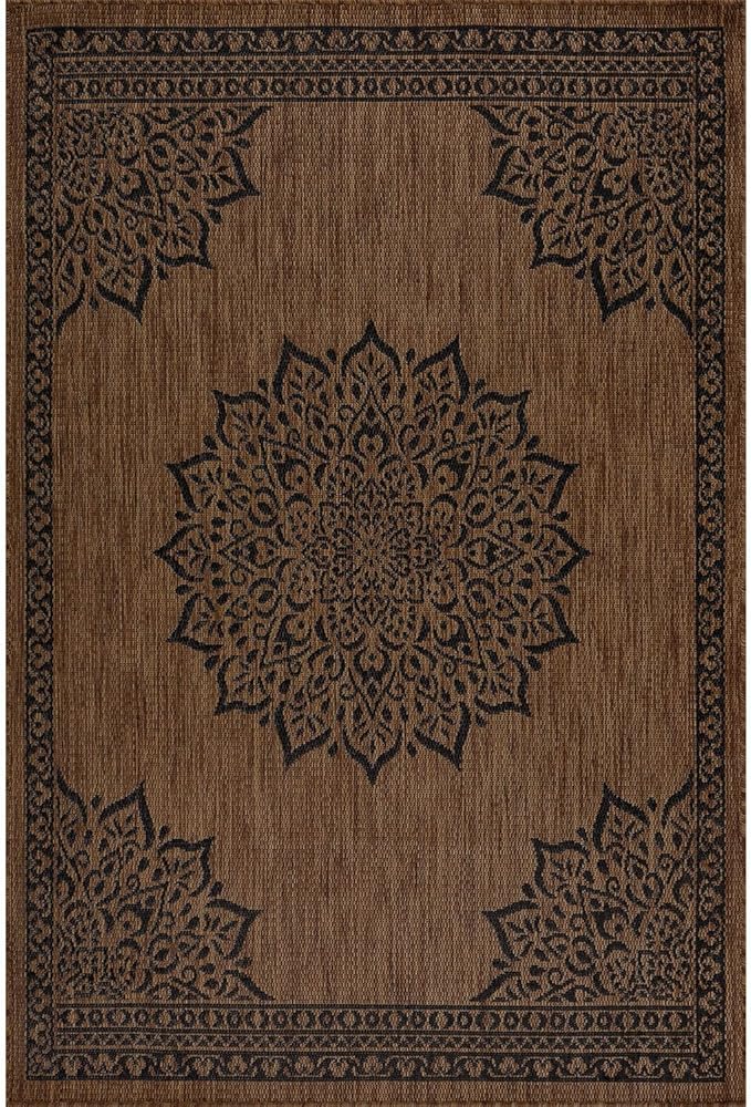 CAMILSON Outdoor Rug, 5x7 Medallion Nut Brown Black Modern Area Rugs for Indoor and Outdoor Patios, Kitchen and Hallway Mats, Washable Porch Deck Outside Carpet (Medallion Nut Brown Black, 5 x 7)