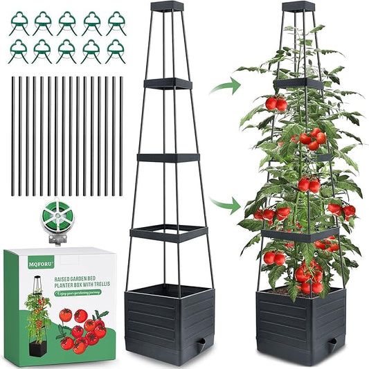 MQFORU Raised Garden Bed, 57" Tomato Planter with Trellis, Tomato Cages for Climbing Vegetables Plant, Self Watering Tomato Support Box for Garden Pots, Use for Patios Greenhouse Indoor Outdoor（1Pc）