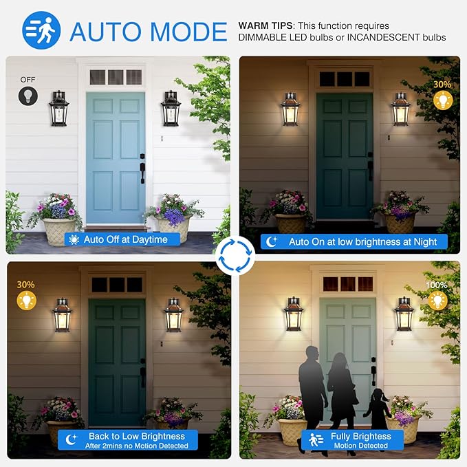 VIANIS Black 2 Pack Outdoor Lights for House, Dusk to Dawn Porch Light Lantern, Exterior Lighting for House Wall Mount, Motion Sensor Light Outside for Garage, Brightness Distance Adjustable