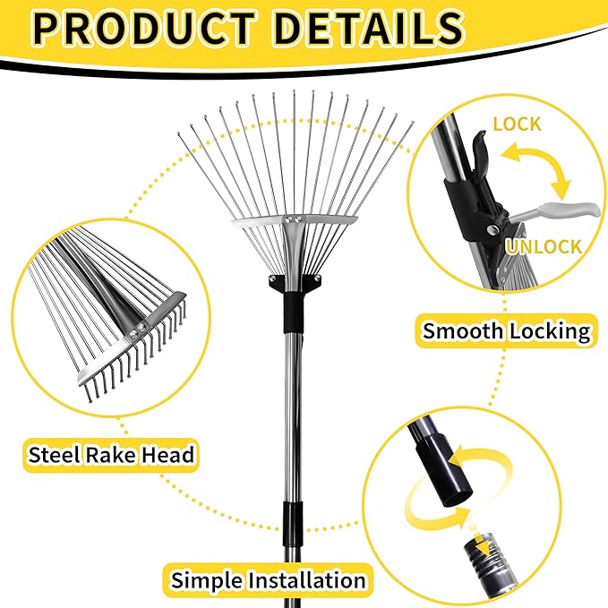 Garden Rake for Leaves,Heavy Duty Metal Adjustable Leaf Rake for Lawns,Long Handle 33"-69" with Expandable Head 8"-15",Garden Tools for Yard Lawn Shrub Garden Beds