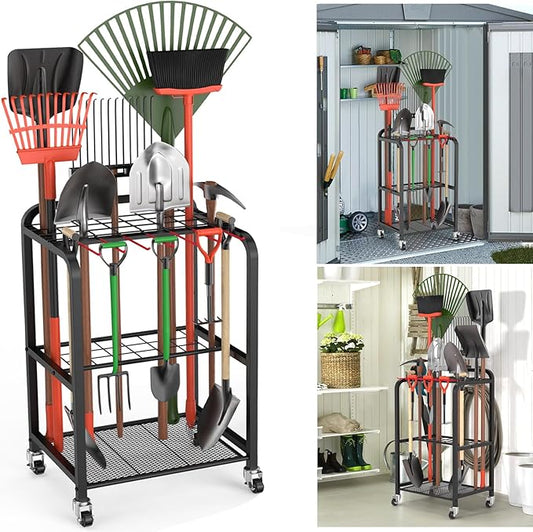 Trieez Garden Tool Organizer for Garage, Yard Tool Organizer with Wheels for Garage Organization and Storage - Sturdy Yard Tool Holder Tool Rack, for Shed, Outdoor, Tool Stand