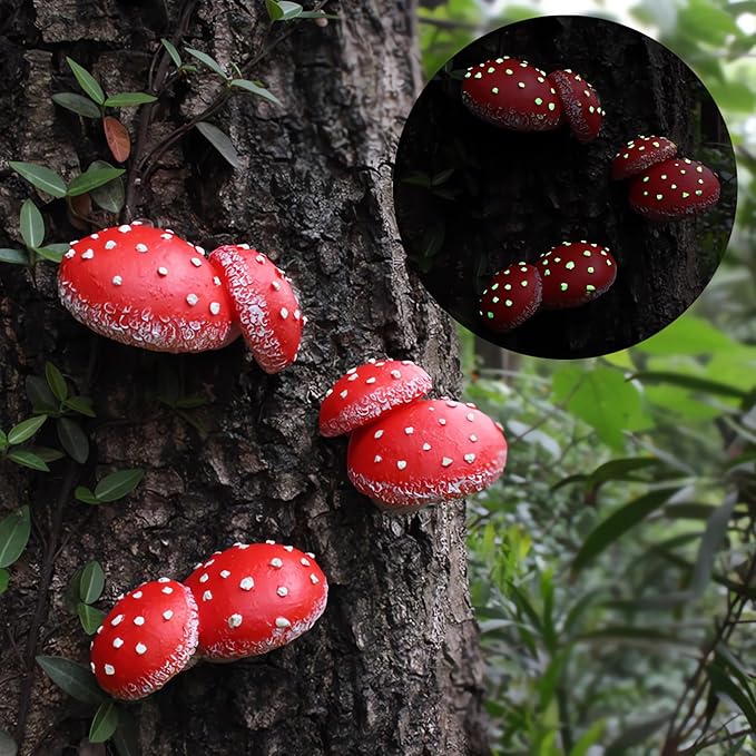 OwMell Glow in The Dark Mushroom Tree Hugger, Set of 3 Mushroom Decor Decorations for Garden Yard, Mushroom Tree Decorations Outdoor, Mushroom Statue Figurines, Fairy Garden Decor Accessories