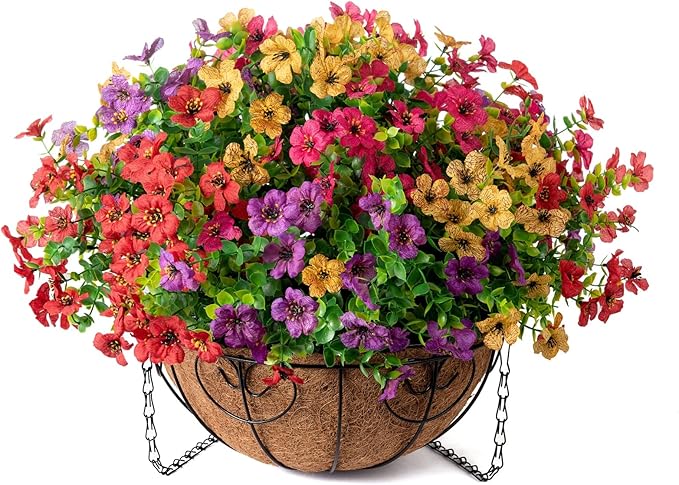 Artificial Faux Hanging Plants Flowers Basket for Summer Outdoor Outside Decoration, Fake Silk UV Sun Resistant Look Real Colorful Daisy Eucalyptus for Porch Home Patio Balcony Yard