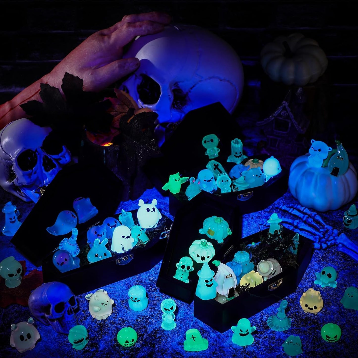 58 Pcs Halloween Luminous Mini Figures Glow in Dark Tiny Resin Figures Set Fairy House Diorama Accessories Halloween Pumpkin Ghost Skull Ornament for Garden Dollhouse Craft DIY(Ghost)
