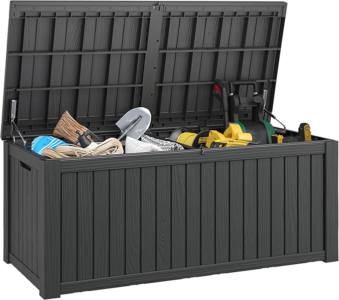 NUNU LAB 180 Gallon Outdoor Storage Box,Large Resin Sturdy Deck Box, Backyard Outside Storage Box Waterproof with Double Wall Panels,Package Delivery Garden Hose Storage Bin Outdoor Tool