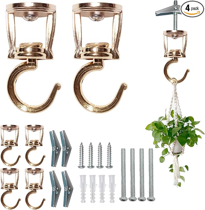 Ceiling Hooks for Hanging Plants (4 PCS Gold),Heavy Duty Metal Plant Hooks, Screw in Hooks for Hanging Birdfeeders, Lamps, Planters, Outdoor Decorative Hooks up to 33 lbs