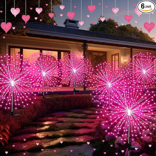 6 Pack Pink Solar Firework Lights 180 LED 8 Lighting Modes Waterproof Outdoor Decorative Solar Lights for Easter Wedding Birthday Garden Patio Yard Pathway Walkway Lawn Decor