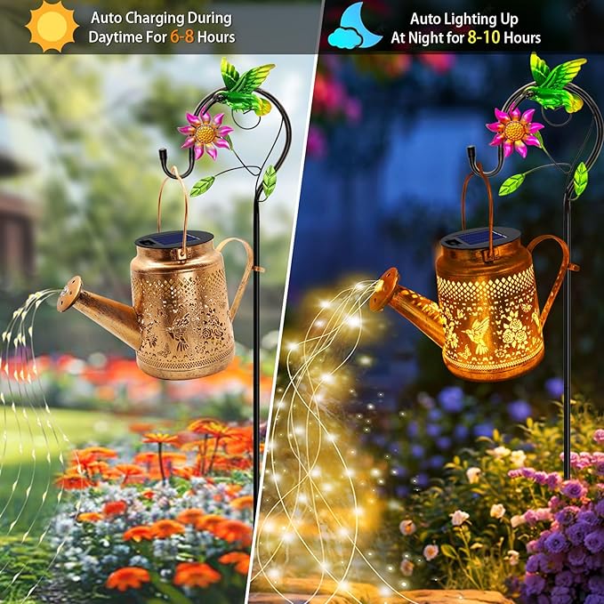 2 Pack Solar Lanterns Outdoor Waterproof,Hummingbird Watering Can Garden Decor,Hanging Solar Path Lights Yard Art,Outside Patio Decorations Gardening Birthday Gifts for Mom Grandma Women (Warm White)