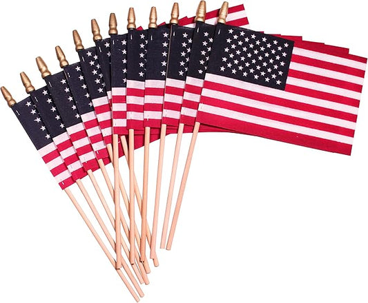 American Flags on Stick - Handheld Spearhead US Flag for 4th of July, Memorial Day Event Decorations - Patriotic Decor for Indoors & Yard - Wooden Stick, Cotton Fabric - (8"x12" - 12 Pack)
