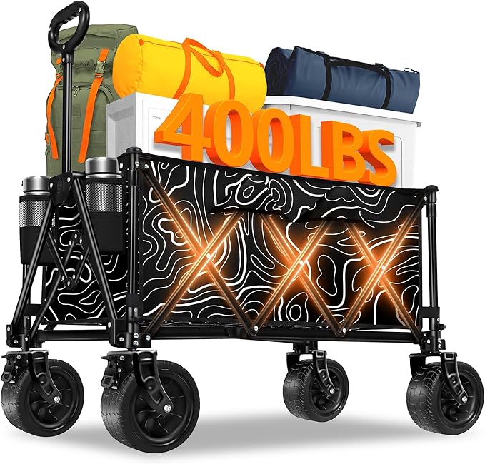 Collapsible Wagon with Big Wheels, Wagons Carts Foldable 400LBS Large Capacity, Heavy Duty Utility Cart Grocery Wagon w/Side Pockets and Brakes, All-Terrain Beach Cart for Camping, Sports, Shopping