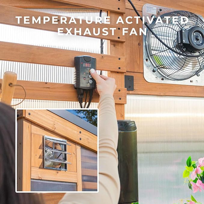 Backyard Discovery Willow 9' x 6' Cedar Wood and Polycarbonate Walk-in Greenhouse Kit with Exhaust Fan, Windows, Hose Hook-Ups, PowerPort, Staging Shelves for Year-Round Outdoor Gardening