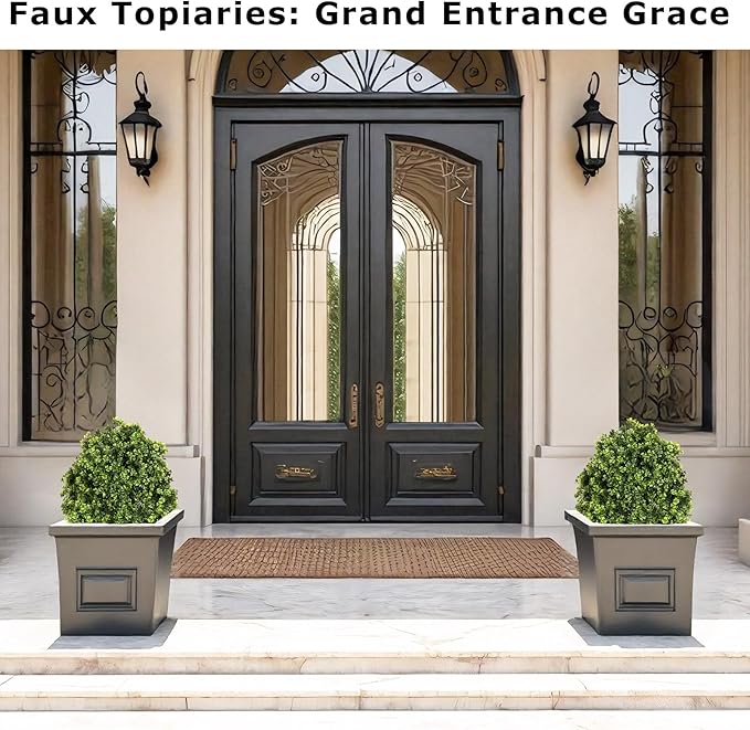 27“ Realistic Artificial Boxwood Topiary Trees Set of 2, Faux Boxwood Plants Outdoor UV-Resistant, No Maintenance Curb Appeal Fake Evergreen Bushes & Shrubs for Front Porch Outside Planter Decor