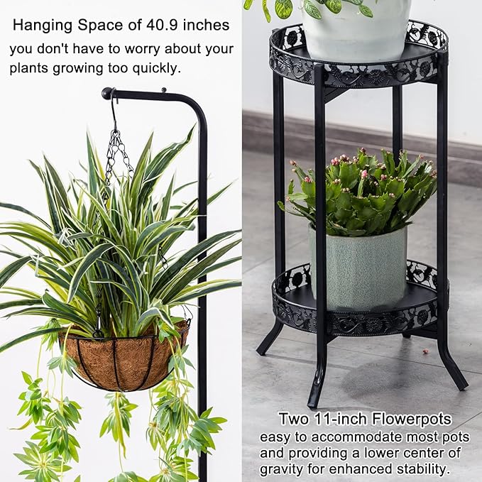 COPREE 2-tier Hanging Plant Stand 2 Pack, Space-Saving Iron Planter Shelves Flower Pot Organizer Rack Multiple Flower Pot Display Holder Shelf Indoor Outdoor Heavy Duty Planter Shelving Unit