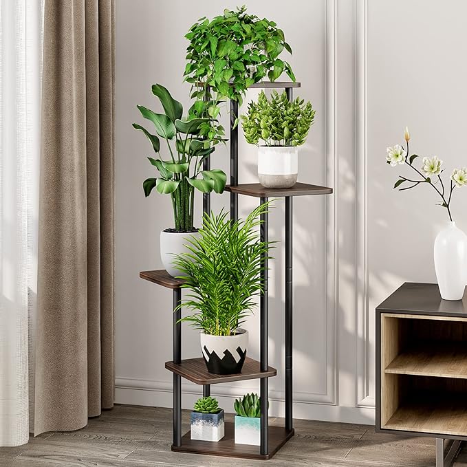 AZERPIAN Plant Stand 5 Tier Indoor Metal Flower Shelf for Multiple Plants Corner Tall Flower Holders for Patio Garden Living Room Balcony Bedroom, Black Oak (5 Tier-Black Oak)