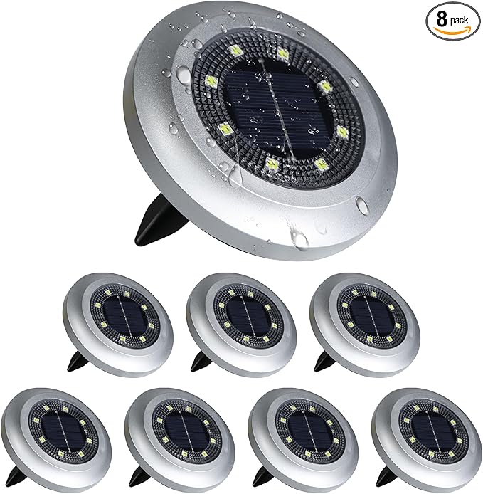 Flumy Solar Lights Outdoor Waterproof, Disk Ground Lights Outdoor Solar Lights for Yard, Patio, Pathway, Lawn, Walkway, Camping, Pool, Solar Ground Lights Walkway Lights Deck Lights, 8 Pack White