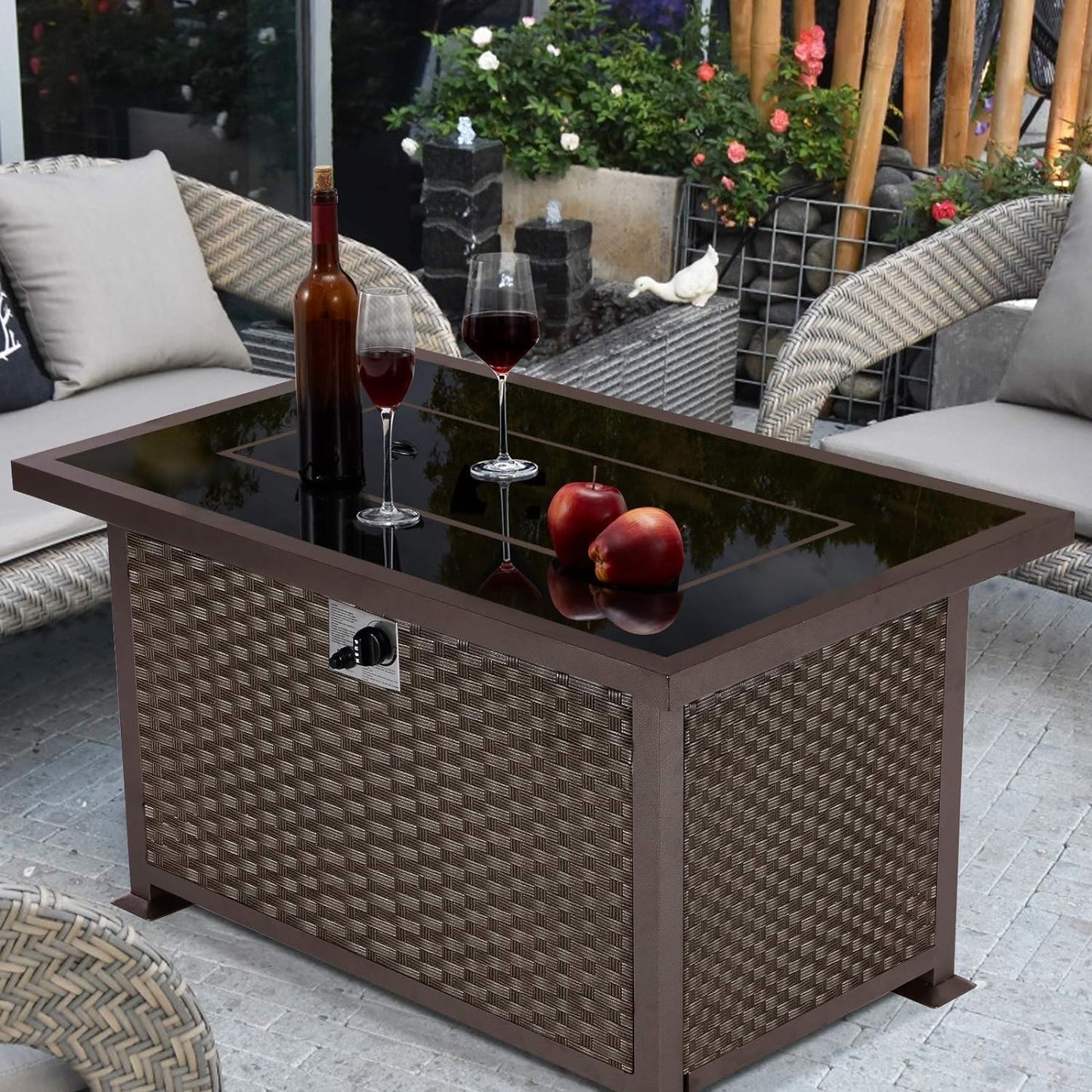 U-MAX 44in Outdoor Propane Gas Fire Pit Table, 50,000 BTU Auto-Ignition Gas Firepit with Glass Wind Guard, Black Tempered Glass Tabletop & Blue Glass Rock, Brown PE Rattan, CSA Certification