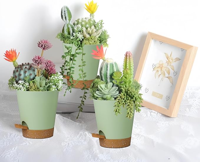 12 Pack 4 Inch Self Watering Plant Pots with Drainage and Saucers，Plastic Flower Pots for Indoor and Outdoor Plants, Nursery Planters for Houseplants and Herbs Green Brown, 4 inch 12pcs