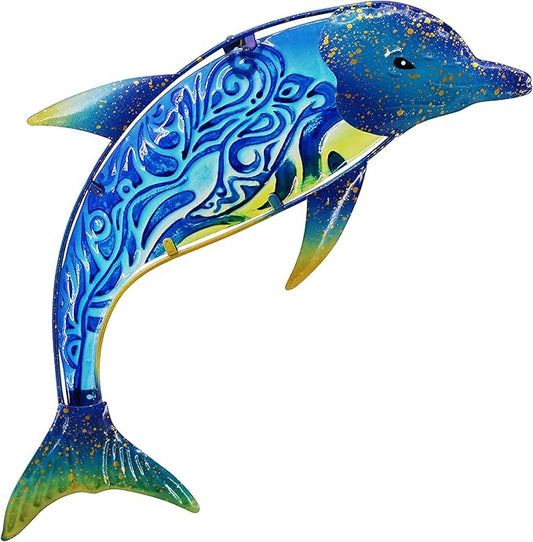 John's Studio Dolphin Wall Decor Outdoor Metal FIsh Sea Hanging Art Glass Sculptures Home Ocean Theme Decorations for Living Room, Bedroom, Yard, Fence and Patio - 17.5 Inches
