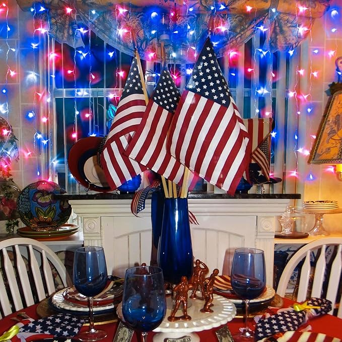 JMEXSUSS Red White & Blue Lights Clear Wire, 66 Ft 200 LED 4th of July Decorations String Lights Plug in, Christmas Lights for Independence Day Celebration Party Memorial Day Patriotic Holidays Decor