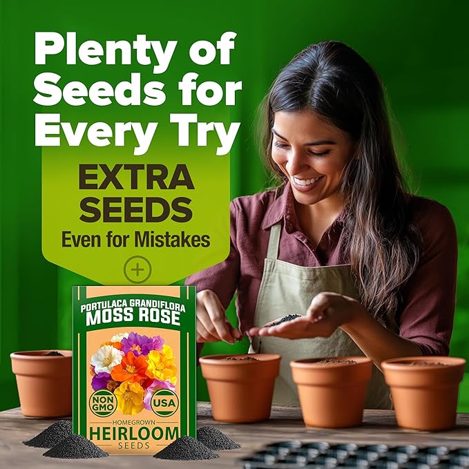 HOME GROWN 23,500+ Moss Rose Seeds (Bulk Pack) Annual Flower for Ground Cover - Heirloom 𝗡𝗢𝗡-𝗚𝗠𝗢 Portulaca Seeds for Planting Outdoors - Great for Low-Maintenance Gardens (Portulaca grandiflora)